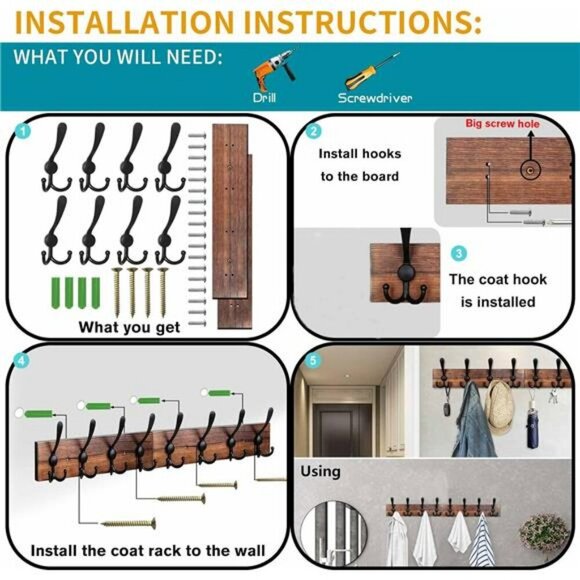 Rustic Wall Mounted Coat Rack with Hooks Wood Towel Hanger Entryway Shelf - Picture 7 of 8